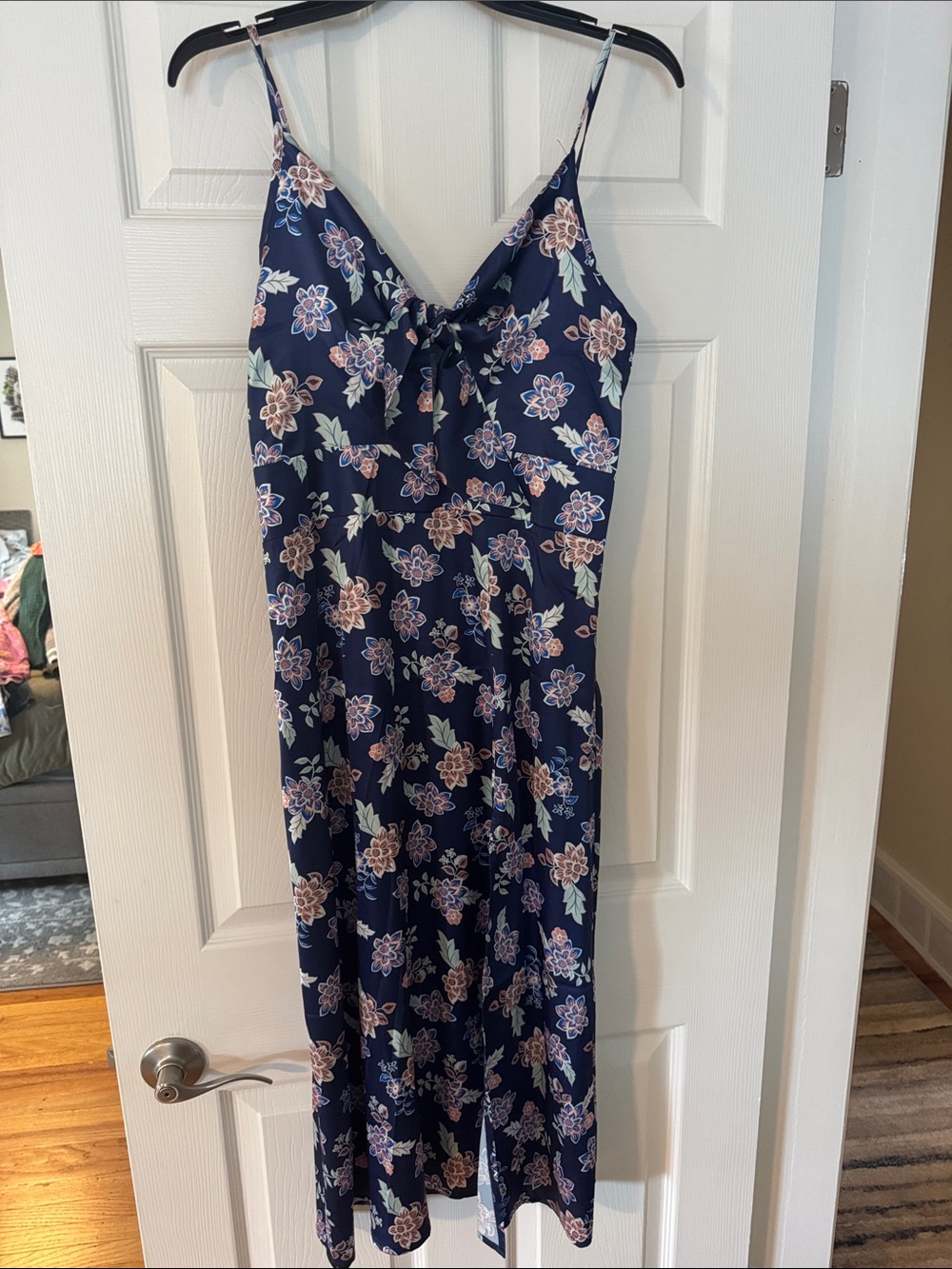 Navy Floral Slip Dress with Tie Front